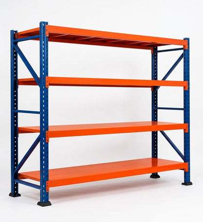 A four-tier industrial warehouse shelving unit with bright orange shelves and blue steel support columns, shown on a clean white background.