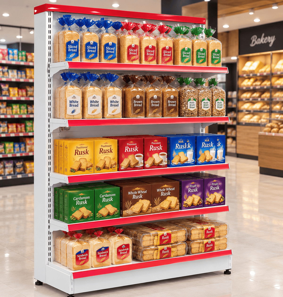 White and red single sided gondola rack stocked with sliced bread, rusk, and bakery products in a supermarket.