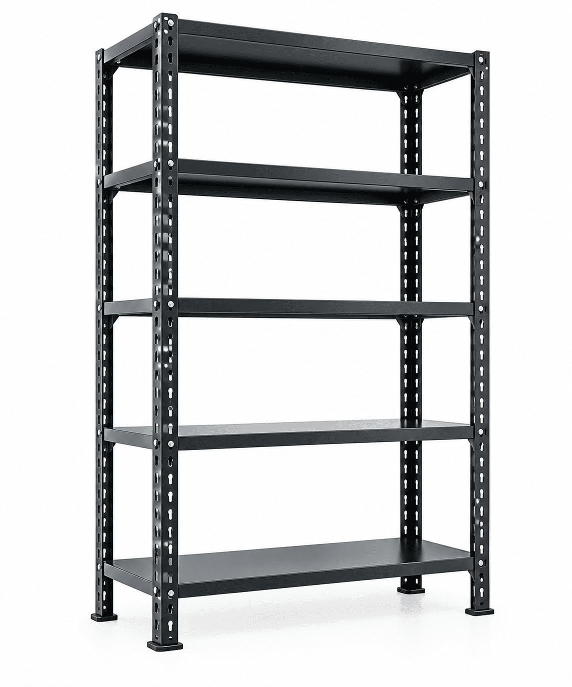 Empty black five-tier steel shelving unit with perforated upright posts and flat metal shelves, shown against a white background.