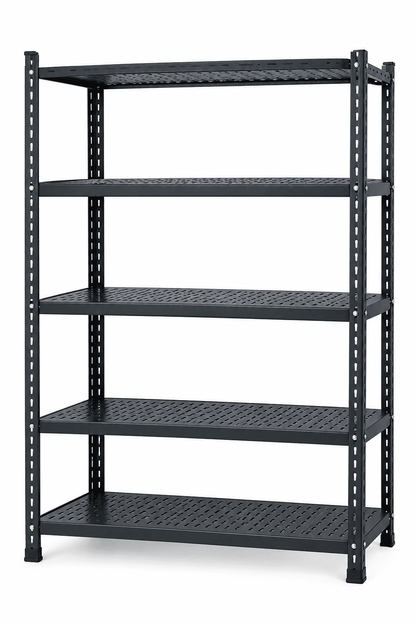 Black 5-tier kitchen shelf rack with perforated metal shelves against a plain white background.
