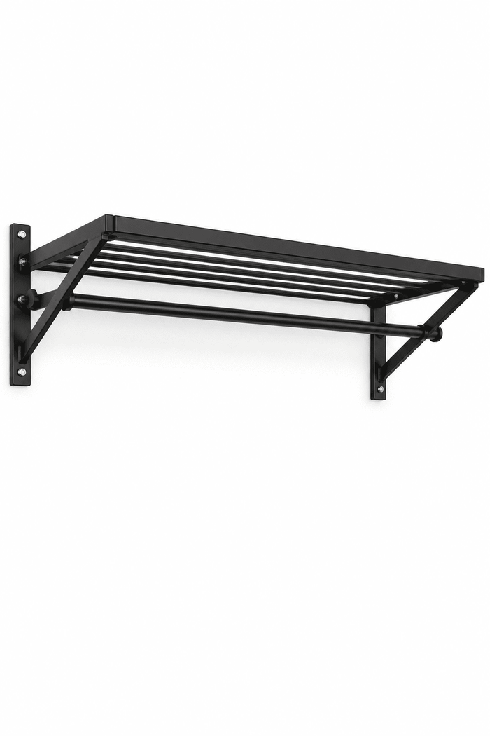 Black wall garment rack with a slatted top shelf and hanging rod against a plain white background.