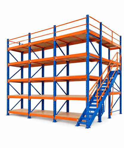 Blue and orange multi-tier pallet racks with five levels, steel shelf boards, orange safety railings, and a staircase against a plain white background