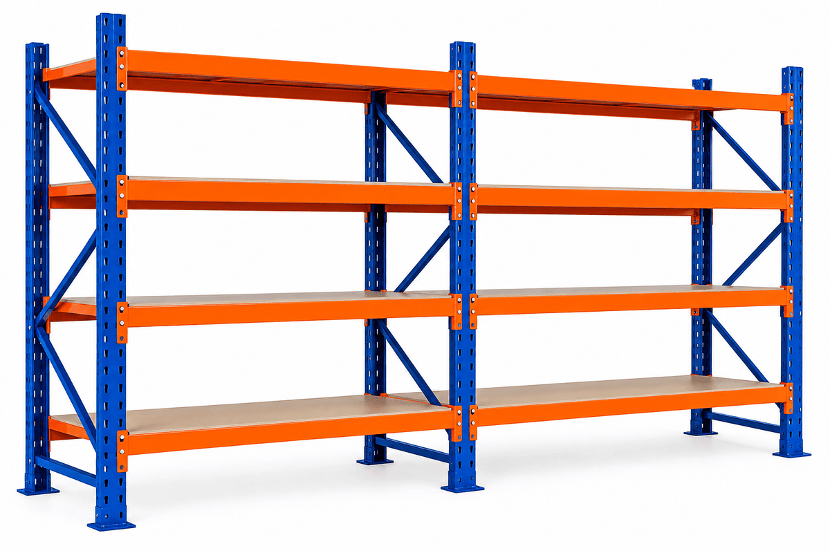 Blue and orange heavy duty storage rack with four shelf levels and wooden shelf boards against a plain white background.