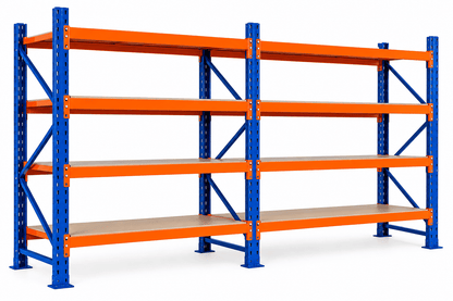 Blue and orange heavy duty storage rack with four shelf levels and wooden shelf boards against a plain white background.