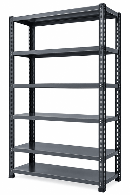 Black 6-tier open shelf kitchen rack with empty shelves against a plain white background.