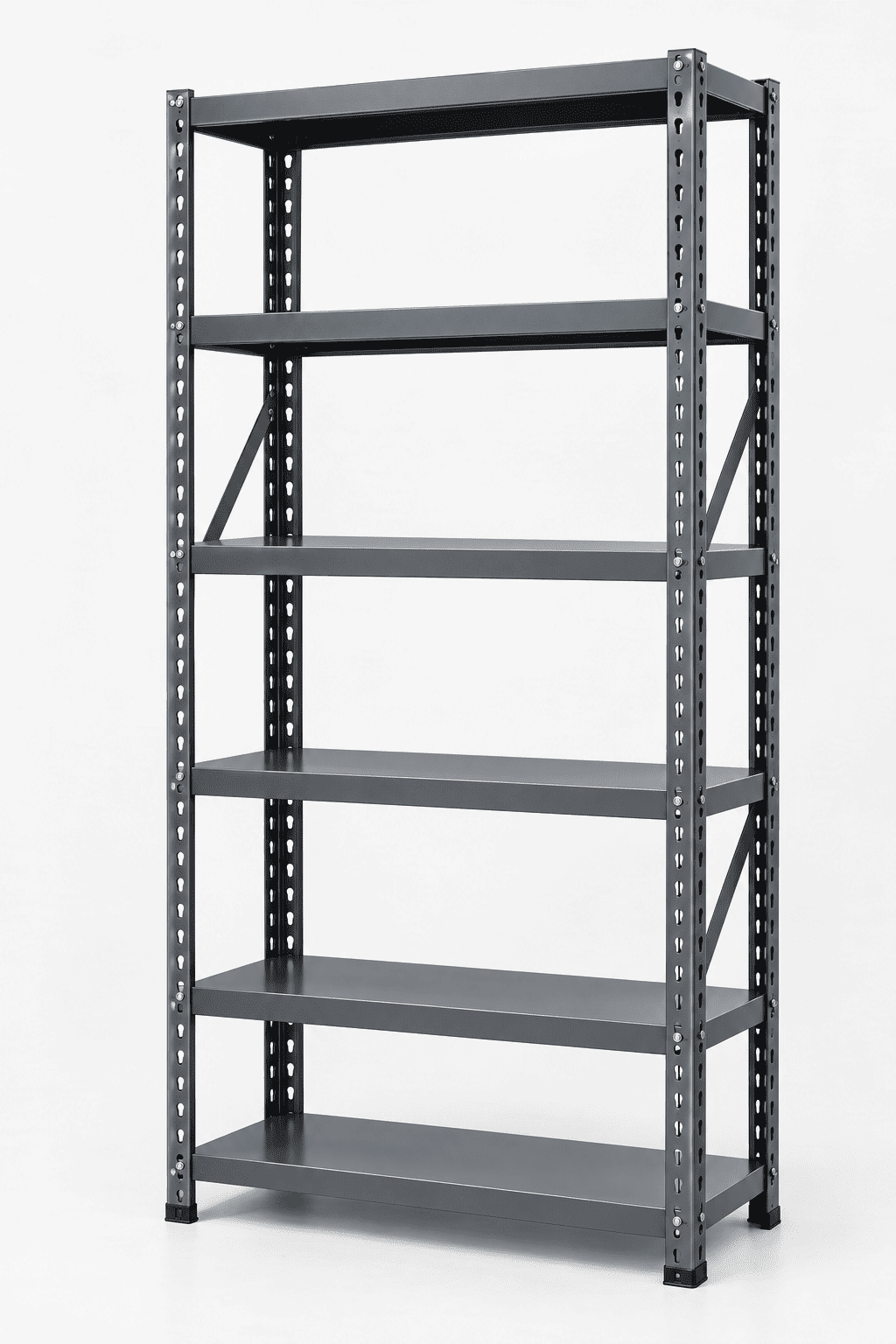Gray metal and steel office rack with six shelf levels against a plain white background.