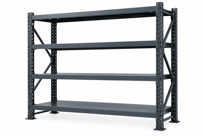Gray heavy duty store rack with four steel shelves and cross bracing against a plain white background.