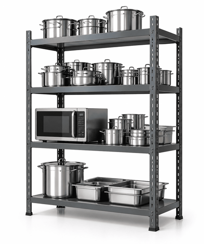 A 5-tier dark gray metal storage rack shown against a white background, filled with stainless steel pots, pans, and a microwave.