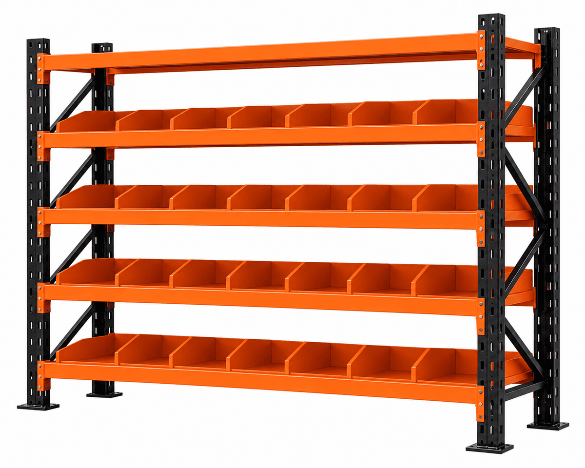 Black and orange heavy duty spare parts rack with bin dividers on multiple shelf levels.