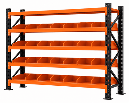 Black and orange heavy duty spare parts rack with bin dividers on multiple shelf levels.