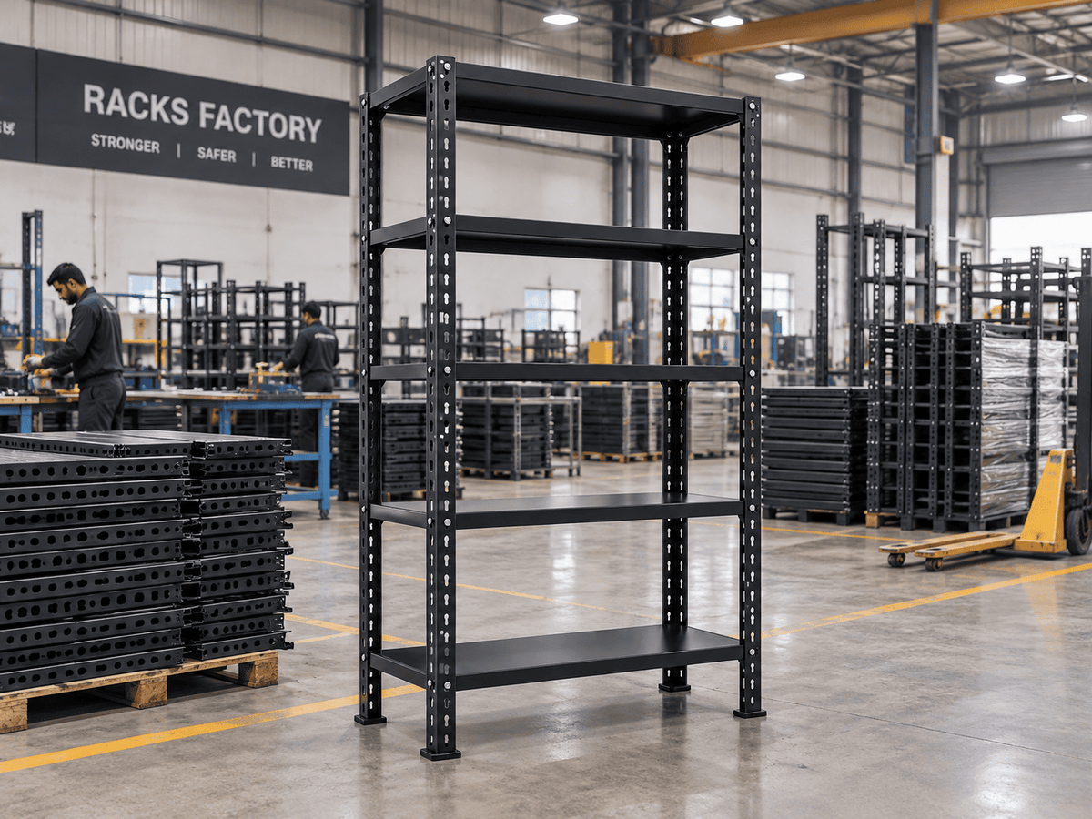 Empty black five-tier steel rack in a factory, with stacks of black rack parts, workers at benches, and a “Racks Factory: Stronger | Safer | Better” sign in the background.