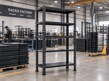 Empty black five-tier steel rack in a factory, with stacks of black rack parts, workers at benches, and a “Racks Factory: Stronger | Safer | Better” sign in the background.