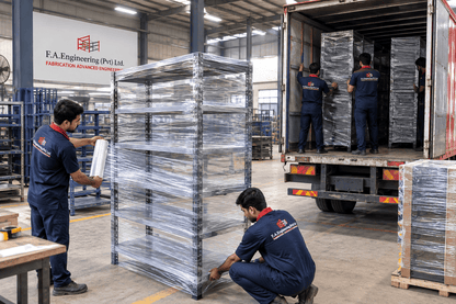 F.A. Engineering workers wrapping open shelf kitchen racks in plastic film and loading them onto a truck in a factory.
