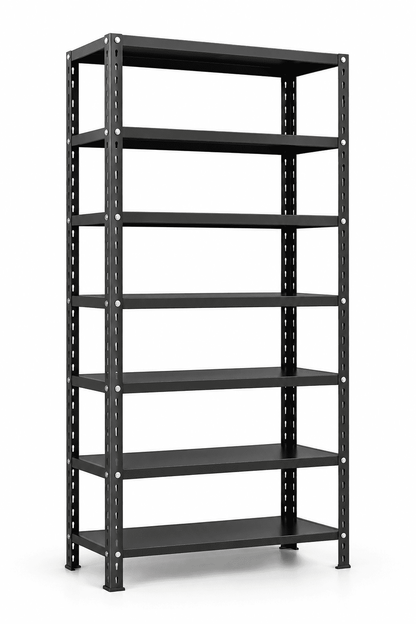 Black metal and steel shoe rack with seven shelf levels against a plain white background.