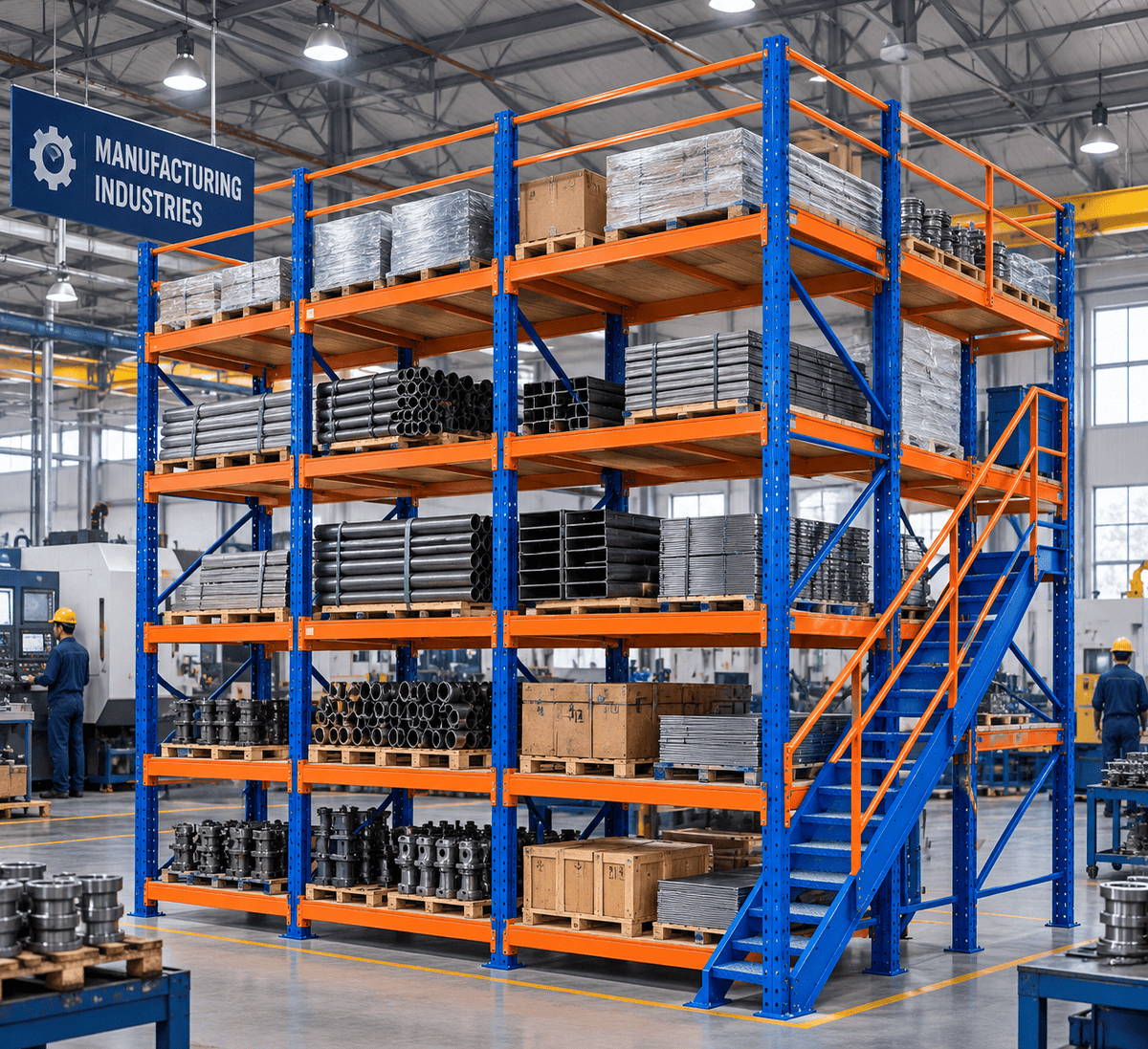 Blue and orange multi-tier pallet racks loaded with steel pipes, plates, and machine parts in a manufacturing facility with workers in the background.