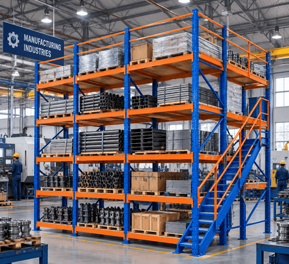 Blue and orange multi-tier pallet racks loaded with steel pipes, plates, and machine parts in a manufacturing facility with workers in the background.