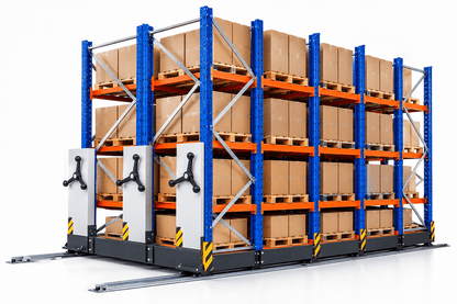 Blue and orange mobile pallet racks loaded with boxed pallets on moving bases with hand-crank wheels and floor rails