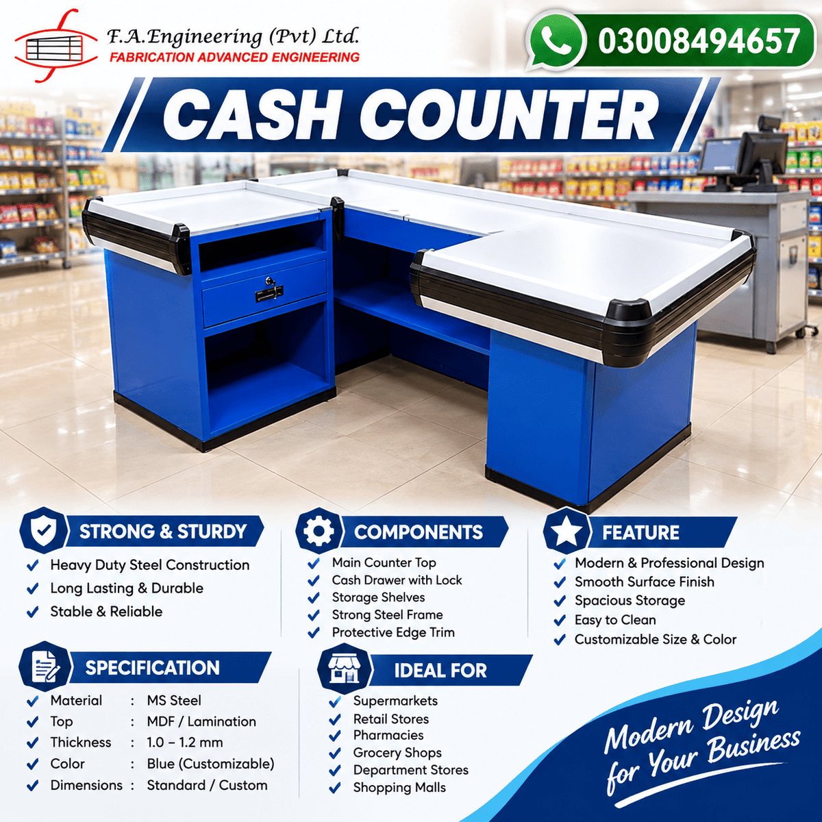 Cash counter product poster from F.A. Engineering showing the blue counter with features, components, specifications, and ideal uses.