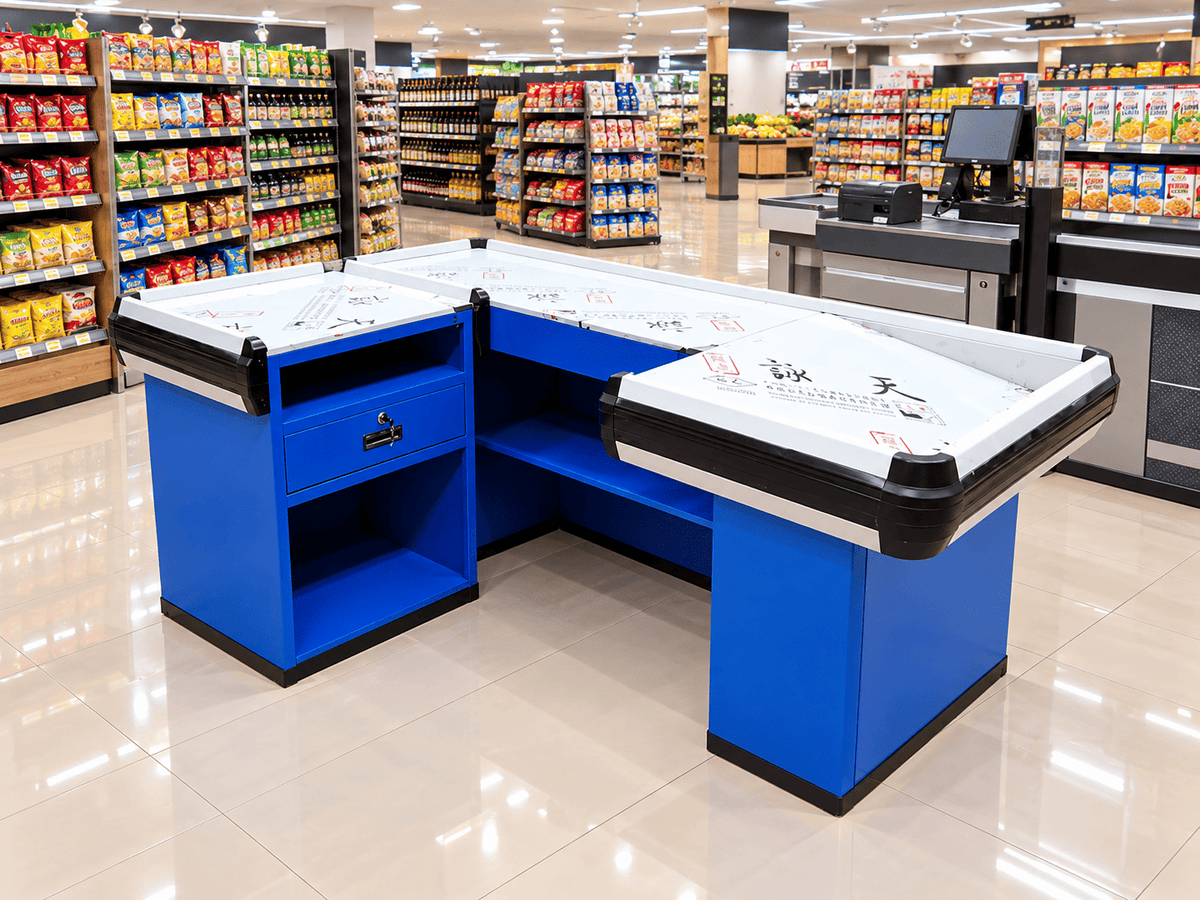 Blue cash counter with a white top and cash drawer in a supermarket near stocked shelves and a checkout till.
