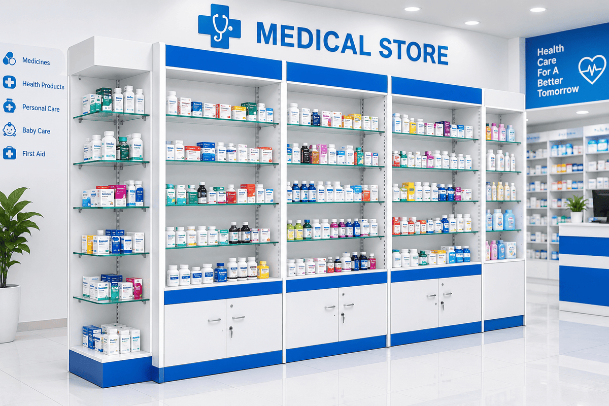 White and blue pharmacy counter rack wall unit with glass shelves and lower cabinets, stocked with medicines in a medical store.