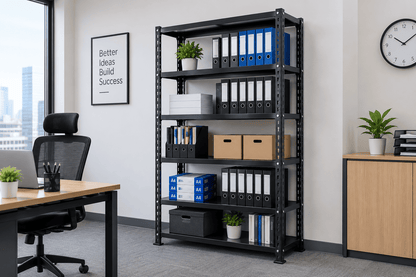 Black five-tier steel shelving unit in a modern office, holding binders, paper reams, file boxes, magazine holders, and small plants, with a desk and chair beside it.