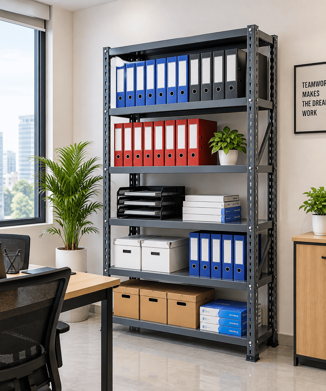 Gray metal and steel office rack holding binders, files, and storage boxes in an office with a desk and plants.