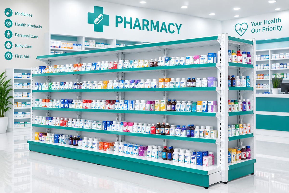White and teal pharmacy shelving racks stocked with medicines and health products in a pharmacy with signage above.