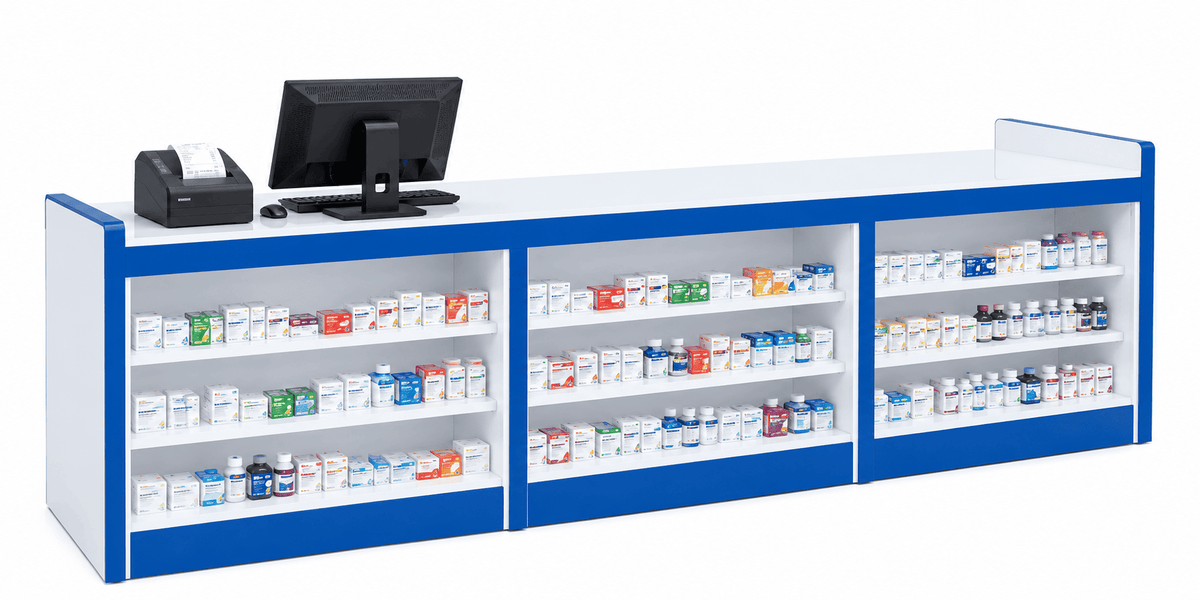 Blue and white pharmacy counter rack with three open sections of medicines, a computer, and a receipt printer on top against a plain white background.