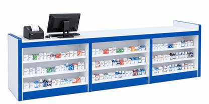 Blue and white pharmacy counter rack with three open sections of medicines, a computer, and a receipt printer on top against a plain white background.