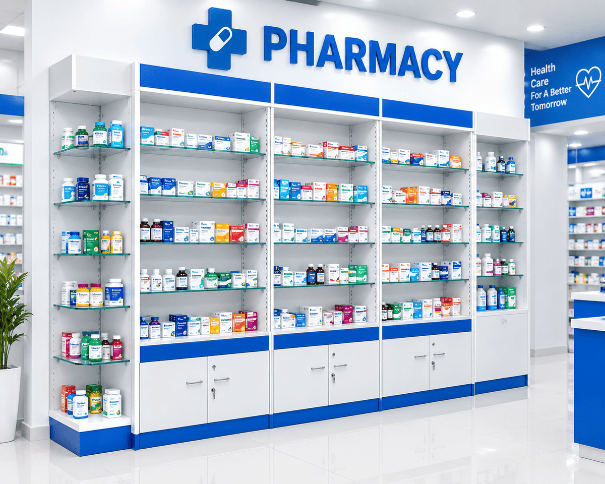 White and blue pharmacy counter rack wall unit with glass shelves and locking cabinets, stocked with medicines and supplements in a pharmacy.