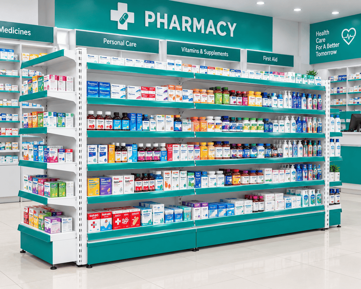 White and teal pharmaceutical storage racks stocked with medicines, vitamins, and personal care products in a pharmacy.