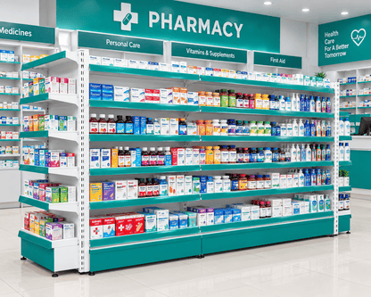 White and teal pharmaceutical storage racks stocked with medicines, vitamins, and personal care products in a pharmacy.