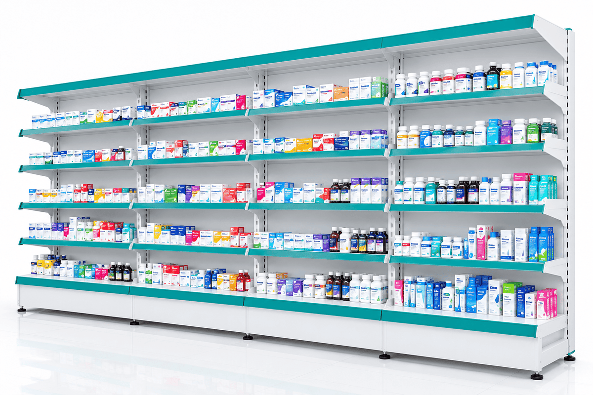 White and teal pharmacy metal rack stocked with boxed medicines and bottles on five shelves against a plain white background.