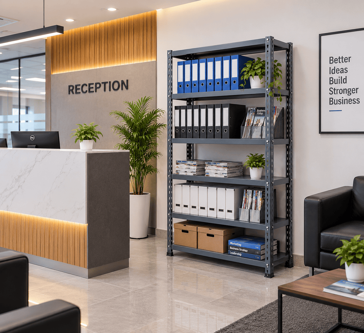 Gray metal and steel office rack holding binders and document boxes in a reception area.