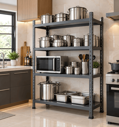 A tall, five-tier black metal kitchen organizer rack filled with stainless steel pots, canisters, a microwave, and cookware, set in a modern kitchen next to a sink and stove.