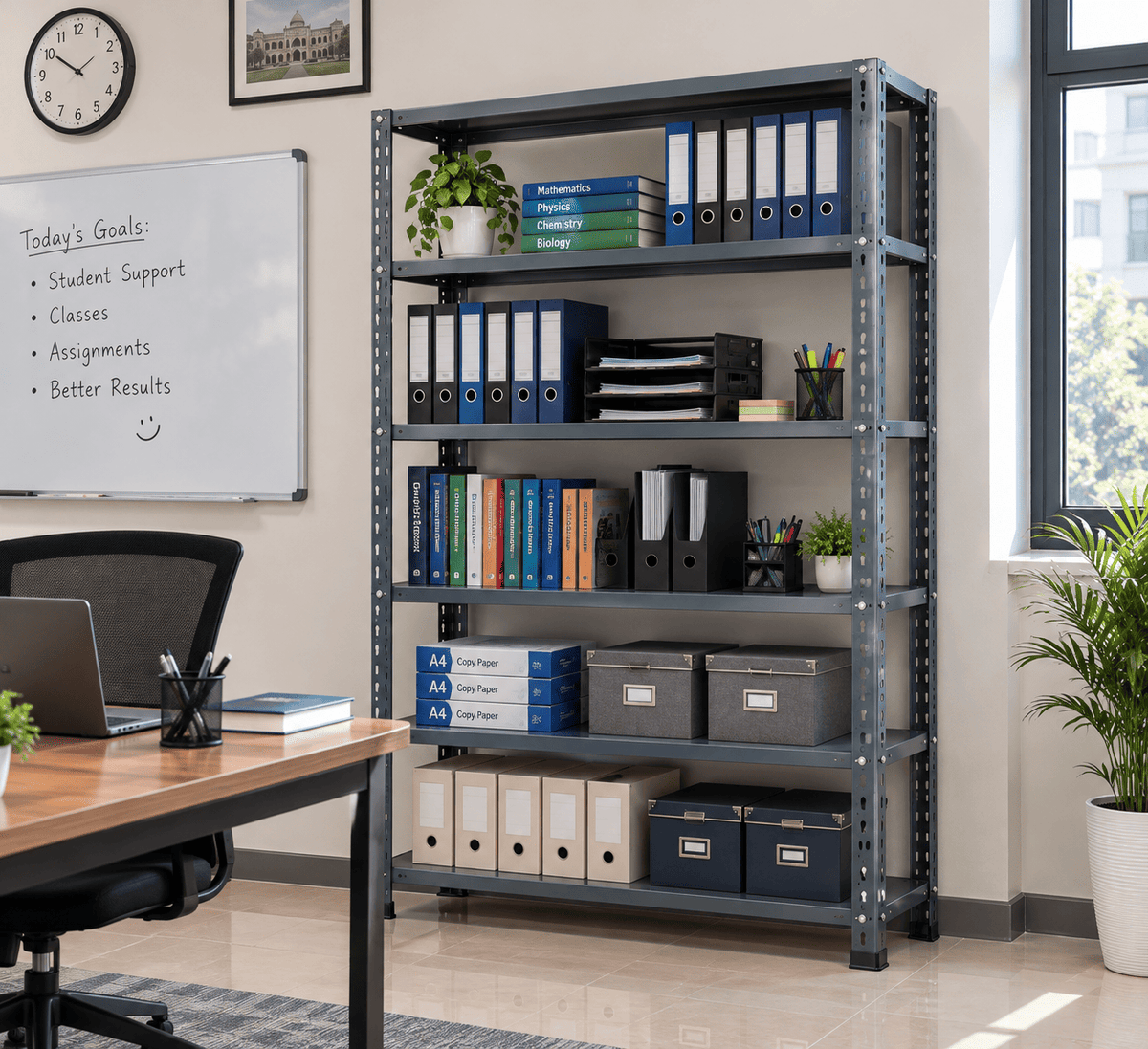 Gray office file rack holding binders, books, copy paper, and file boxes in an office with a desk and whiteboard.