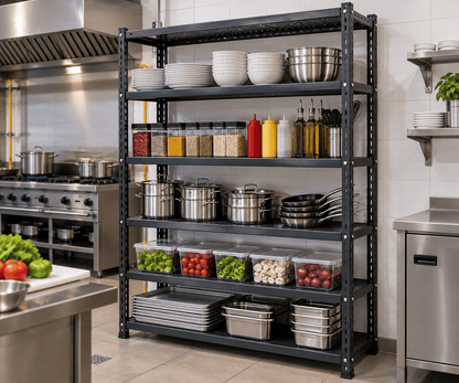 Black kitchen shelf rack holding dishes, jars, pots, and food containers in a commercial kitchen.