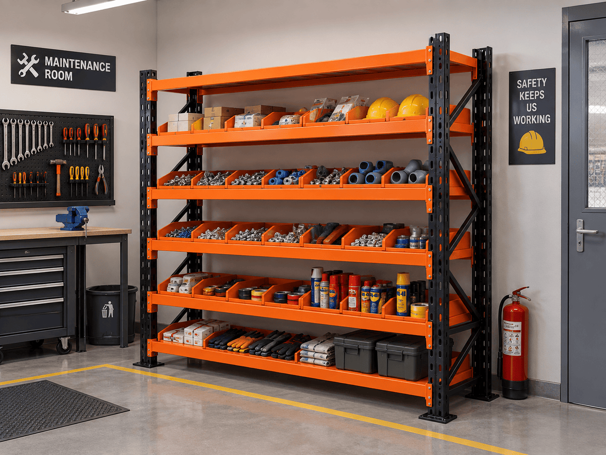 A 5-tier warehouse storage rack with bright orange shelves and black metal uprights, filled with various tools, parts, and safety gear, set in a clean workshop environment.