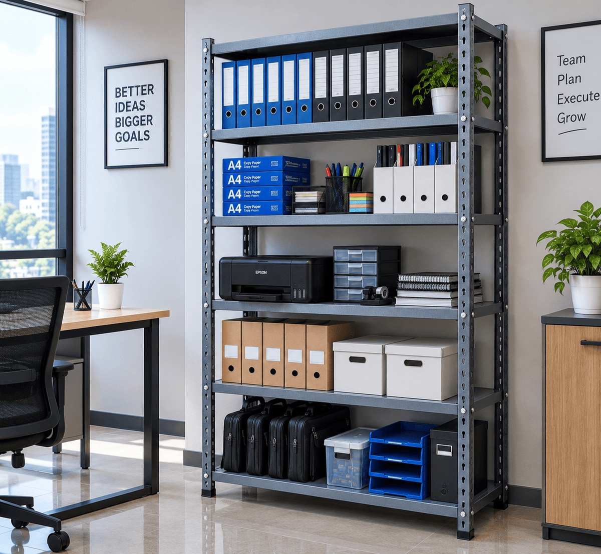 Gray multi-tier office rack holding binders, copy paper, a printer, file boxes, and supplies in an office with a desk and chair.