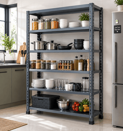 Gray open shelf kitchen rack holding jars, pots, plates, spices, and baskets of vegetables in a home kitchen.