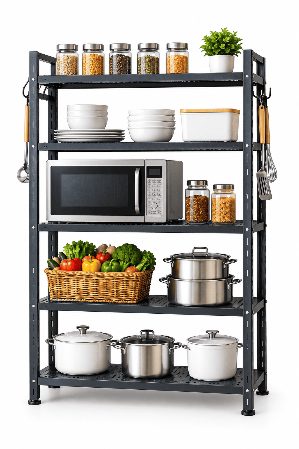 Black 5-tier kitchen storage rack holding jars, bowls, a microwave, vegetables, and pots against a plain white background.