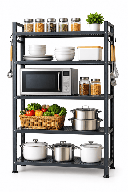 Black 5-tier kitchen storage rack holding jars, bowls, a microwave, vegetables, and pots against a plain white background.