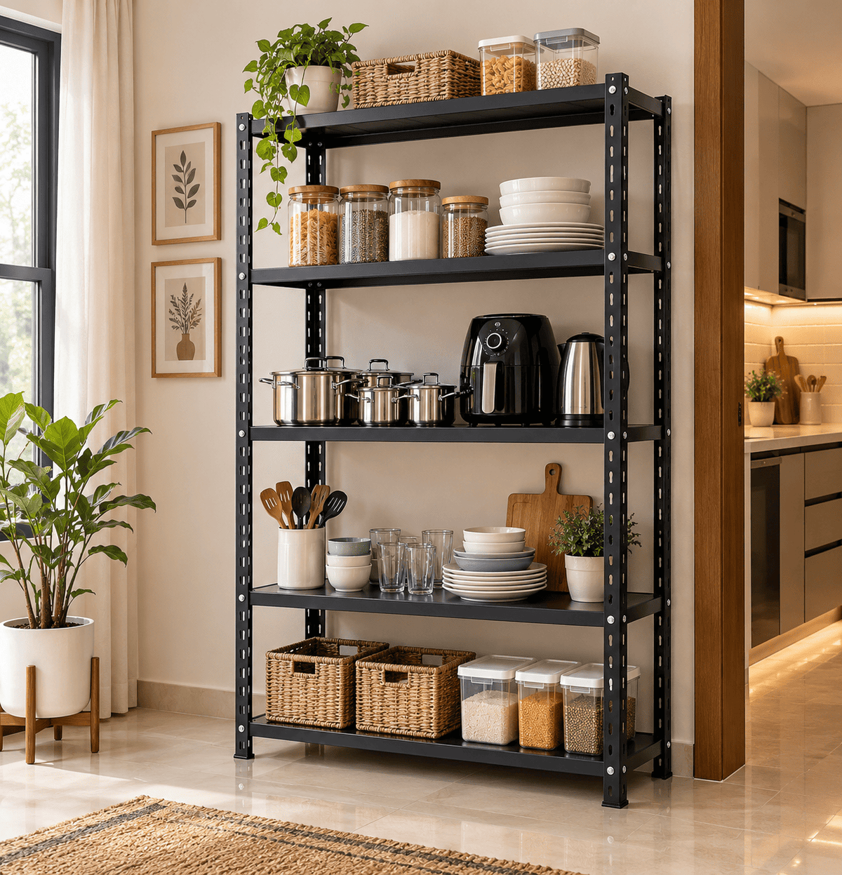 Black metal and steel kitchen rack holding jars, baskets, dishes, and small appliances in a home kitchen.