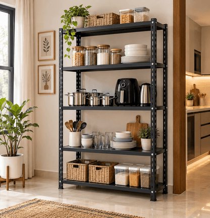 Black metal and steel kitchen rack holding jars, baskets, dishes, and small appliances in a home kitchen.