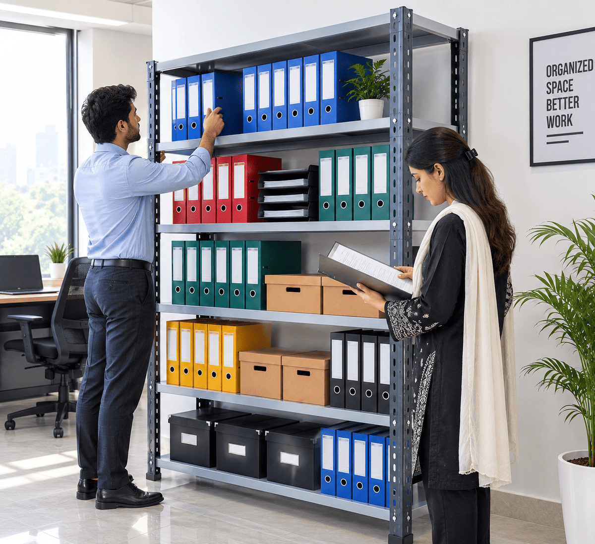 Man and woman organizing colorful binders and file boxes on an office storage rack in a bright office.