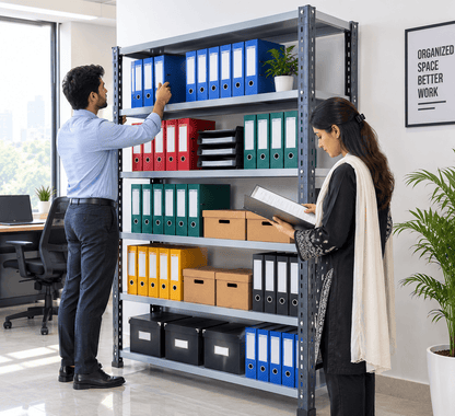 Man and woman organizing colorful binders and file boxes on an office storage rack in a bright office.
