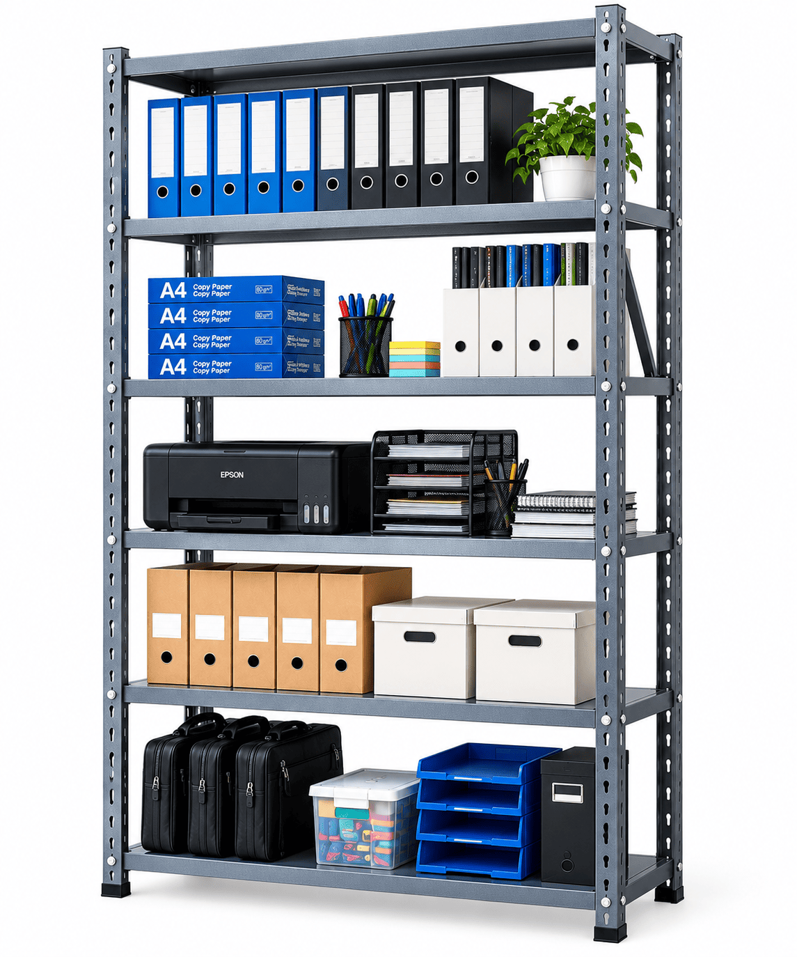 Gray multi-tier office rack loaded with binders, copy paper, a printer, file boxes, bags, and trays against a plain white background.