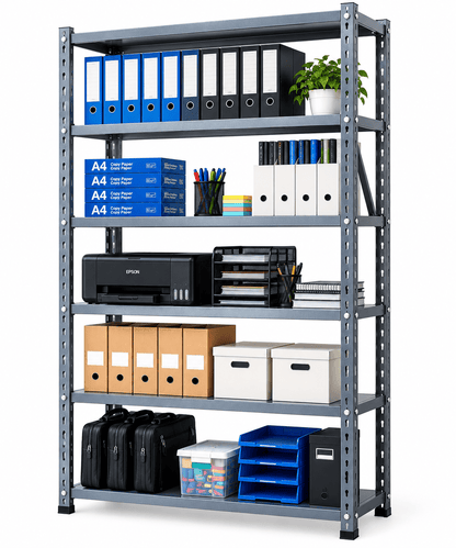 Gray multi-tier office rack loaded with binders, copy paper, a printer, file boxes, bags, and trays against a plain white background.