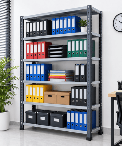 Gray and dark steel office storage rack with six empty shelves against a plain white background