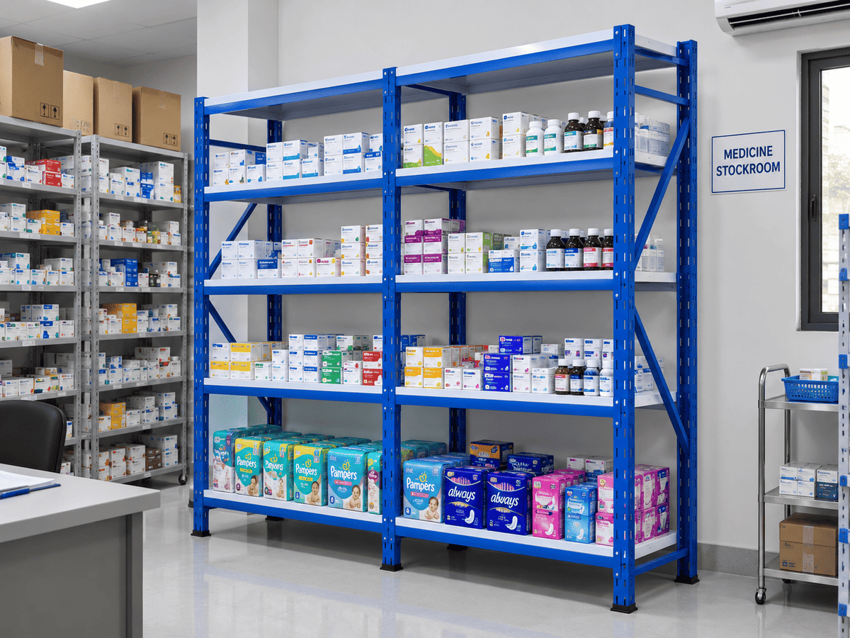 Blue and white medicine storage rack stocked with medicines and health supplies in a medical stockroom.